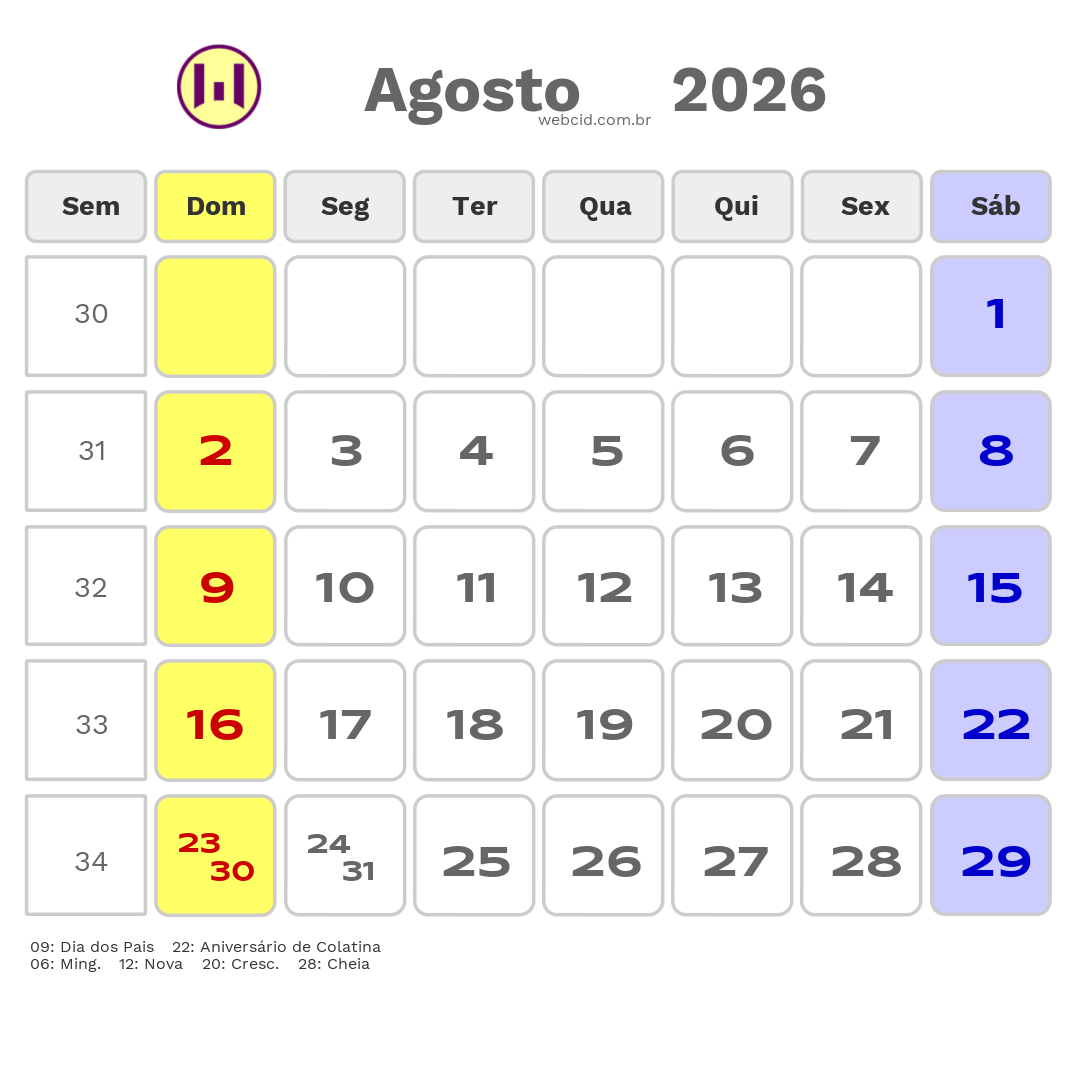 Calendário 2026 - Agosto - Colatina-ES com feriados e fases da lua