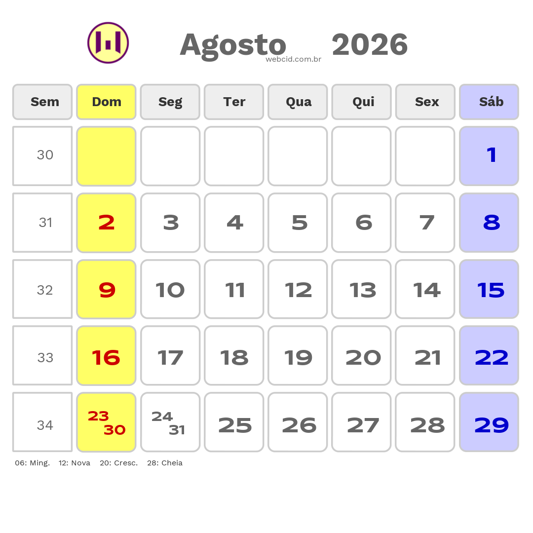 Calendário 2026 - Agosto - Feriados Bancários com feriados e fases da lua