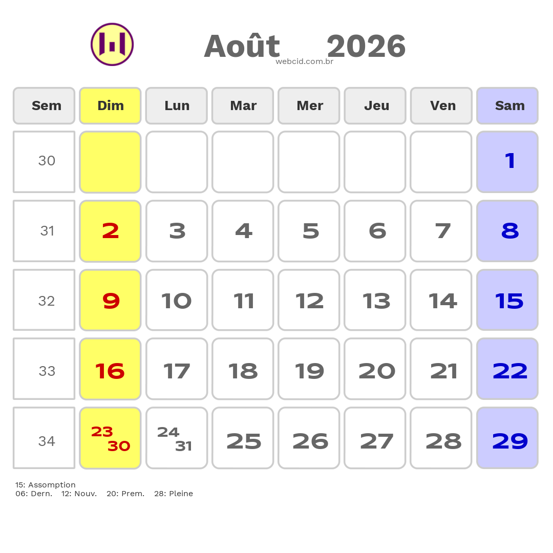 Calendrier 2026 - Août - La France com feriados e fases da lua