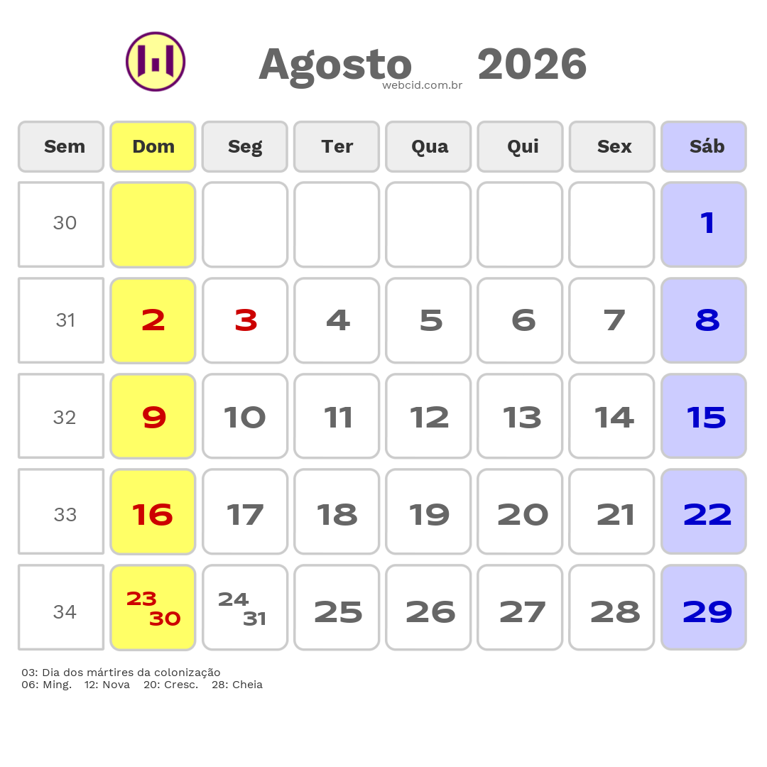 Calendário 2026 - Agosto - Guiné-Bissau com feriados e fases da lua