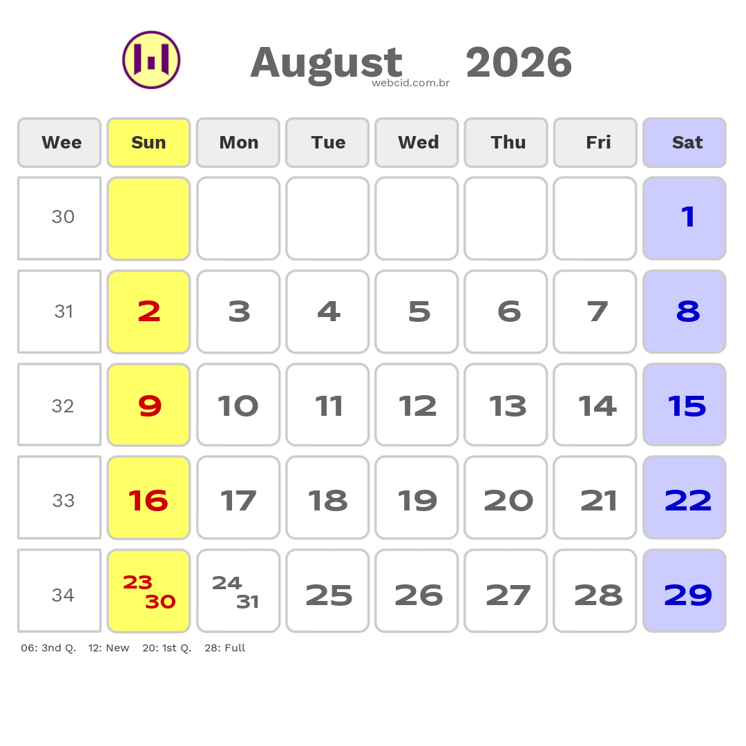 Calendar 2026 - August - Inglaterra com feriados e fases da lua