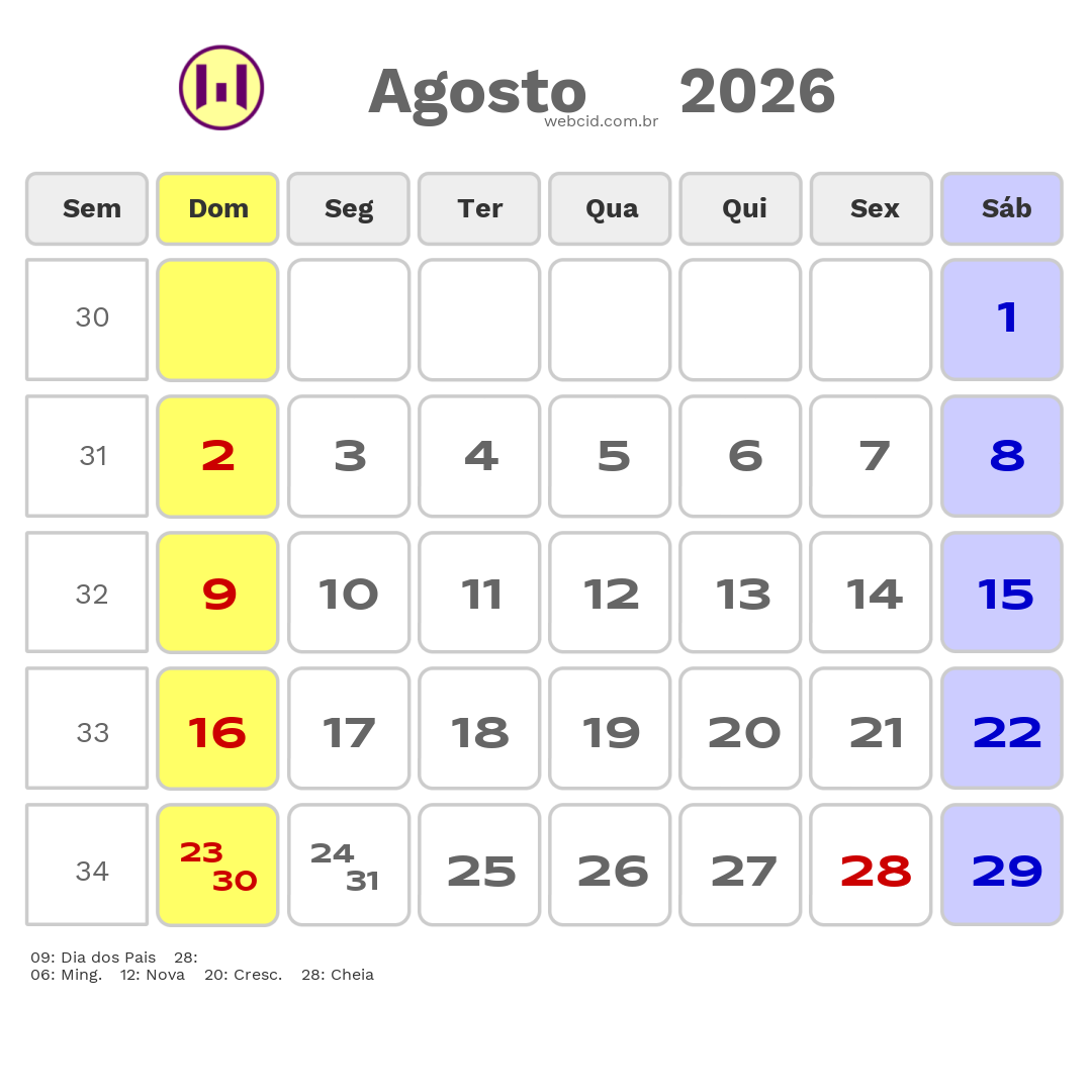 Calendário 2026 - Agosto - Sao Luis-MA com feriados e fases da lua