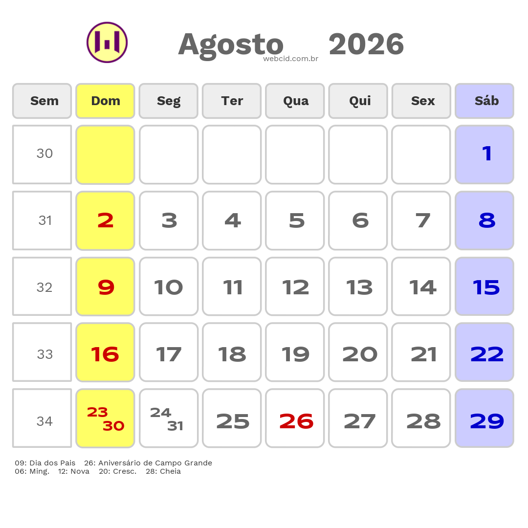 Calendário 2026 - Agosto - Campo Grande-MS com feriados e fases da lua