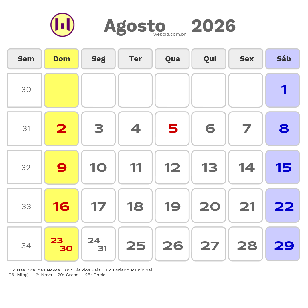 Calendário 2026 - Agosto - Ribeirão das Neves-MG com feriados e fases da lua
