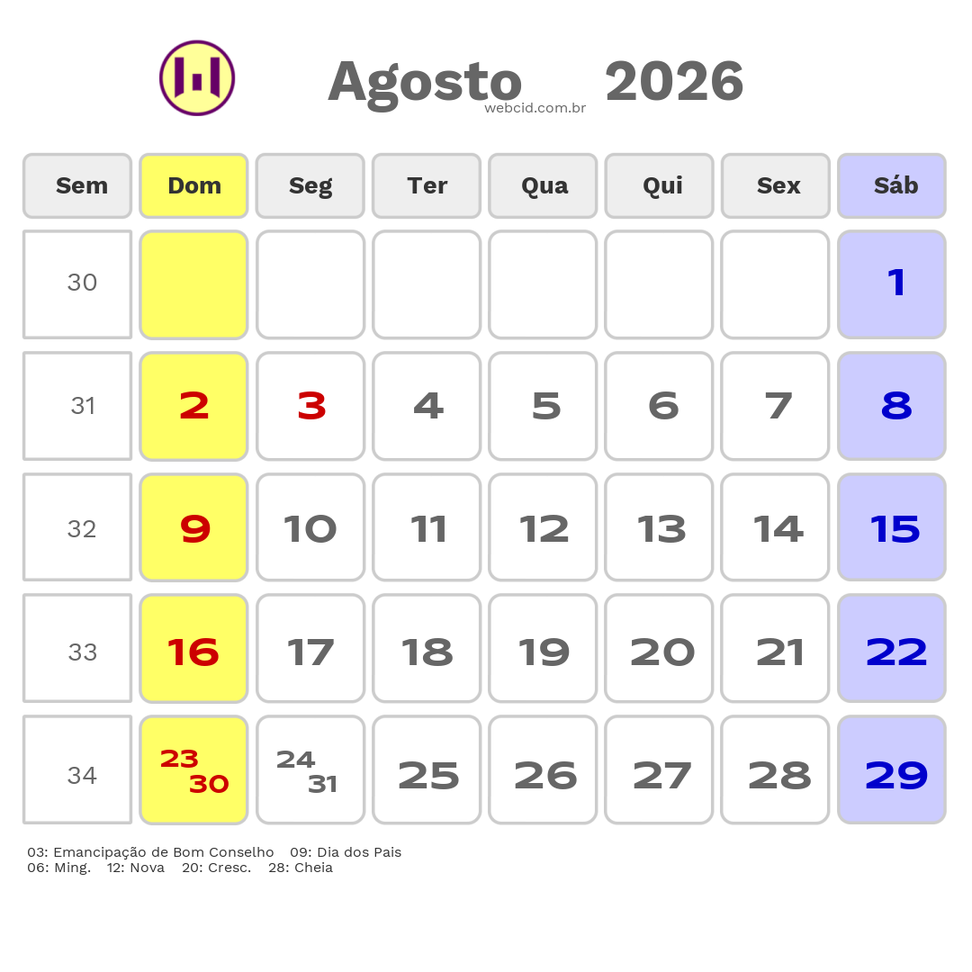 Calendário 2026 - Agosto - Bom Conselho-PE com feriados e fases da lua