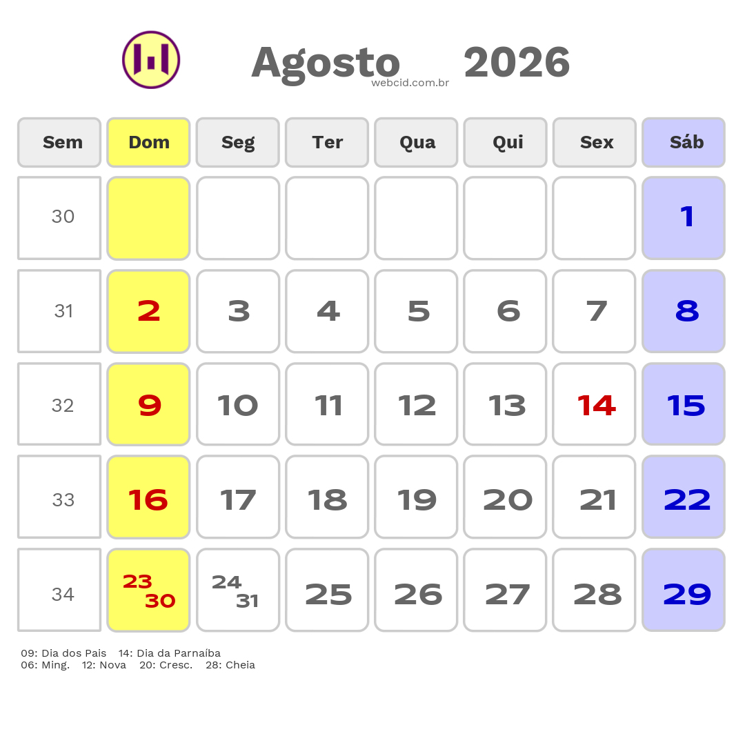 Calendário 2026 - Agosto - Parnaíba-PI com feriados e fases da lua