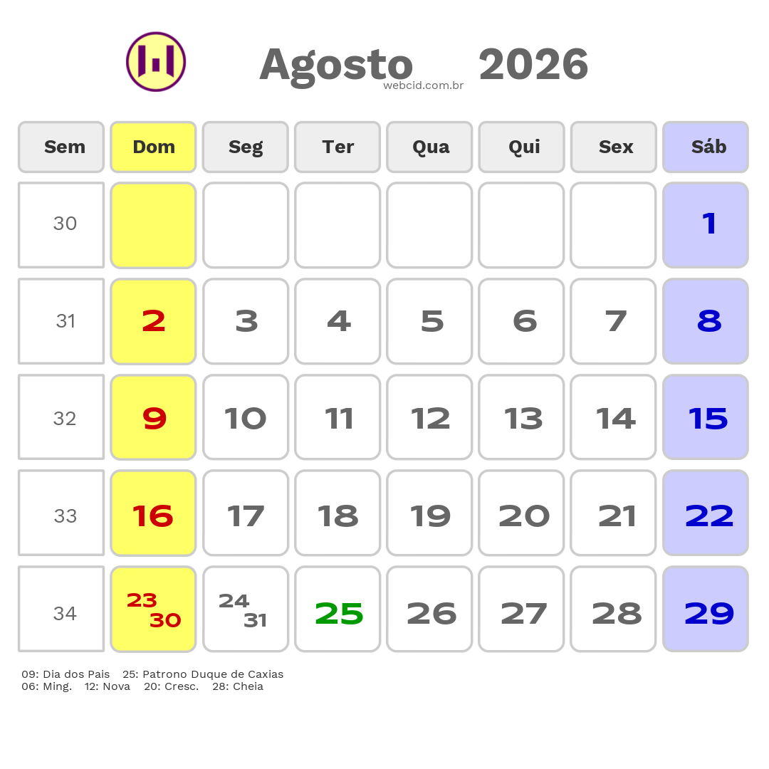 Calendário 2026 - Agosto - Duque de Caxias-RJ com feriados e fases da lua
