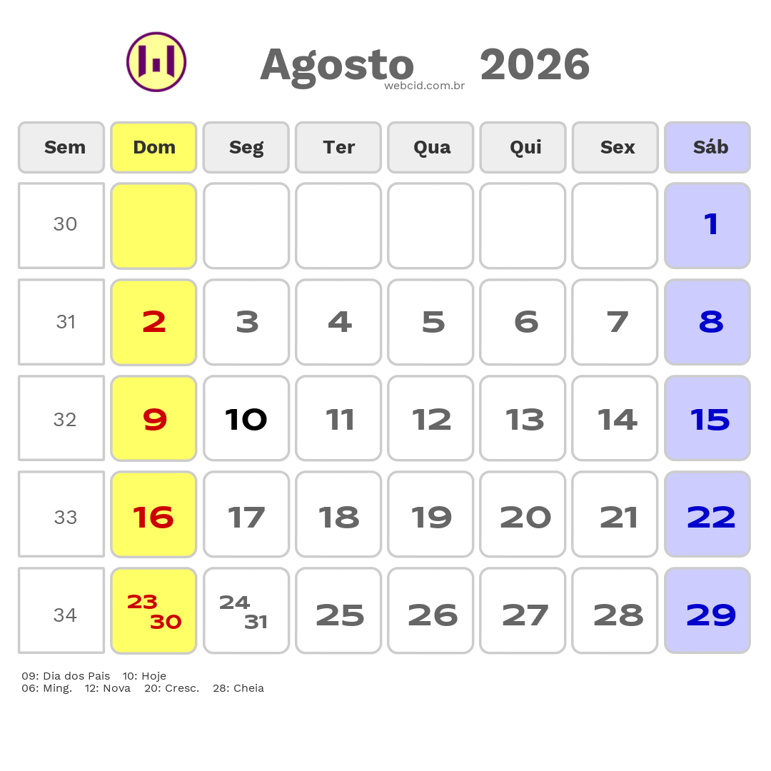 Calendário 2026 - Agosto - Natal-RN com feriados e fases da lua