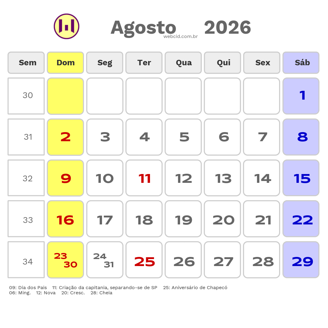 Calendário 2026 - Agosto - Chapecó-SC com feriados e fases da lua