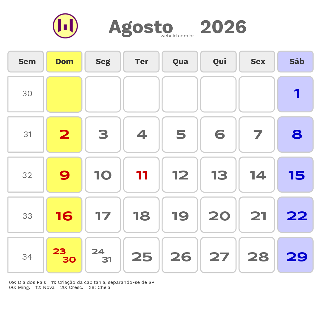 Calendário 2026 - Agosto - Criciúma-SC com feriados e fases da lua