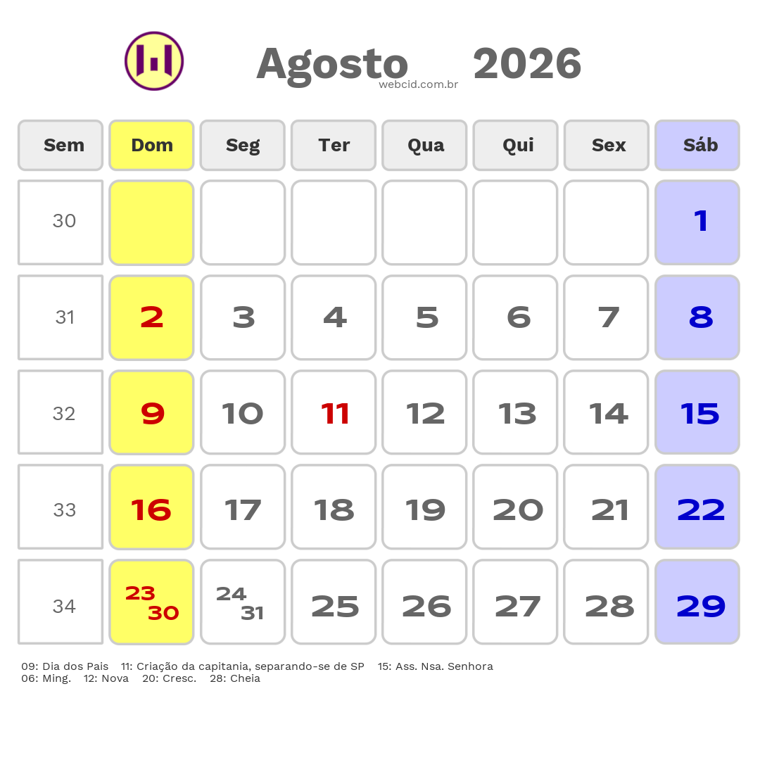 Calendário 2026 - Agosto - Descanso-SC com feriados e fases da lua