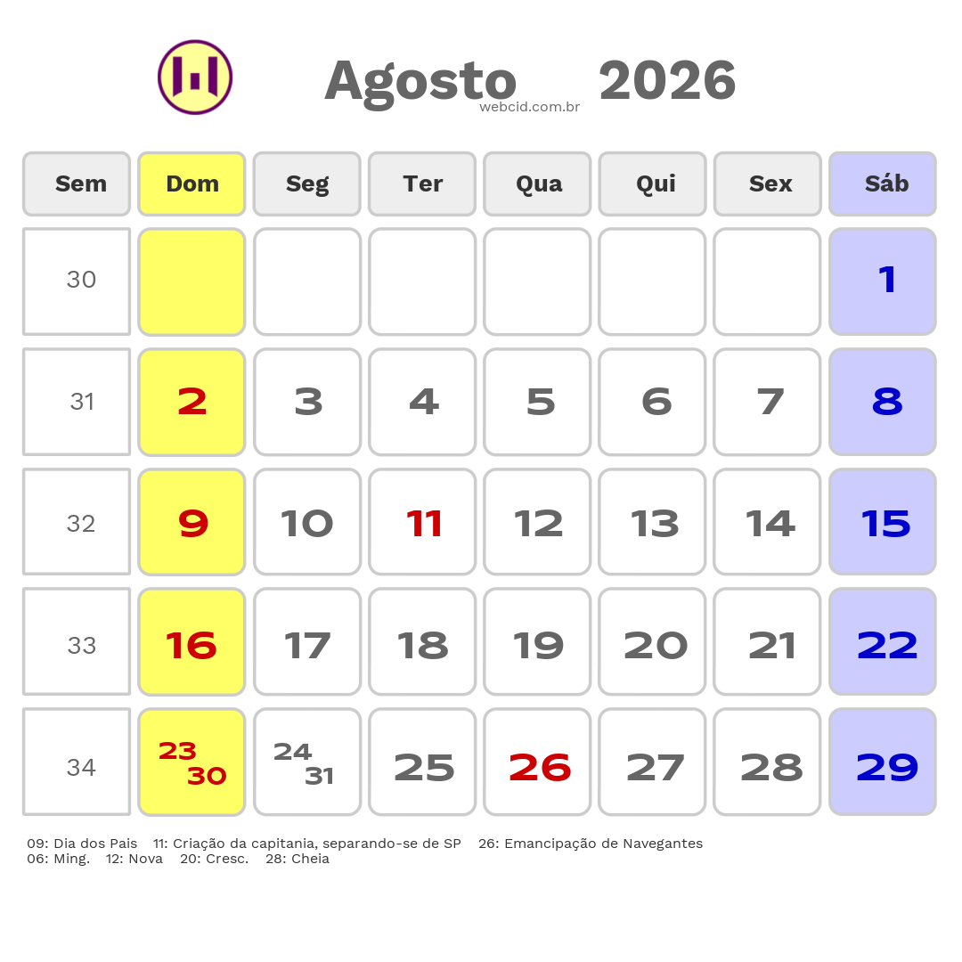 Calendário 2026 - Agosto - Navegantes-SC com feriados e fases da lua
