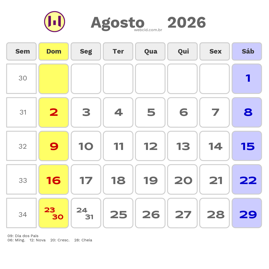 Calendário 2026 - Agosto - Valinhos-SP com feriados e fases da lua