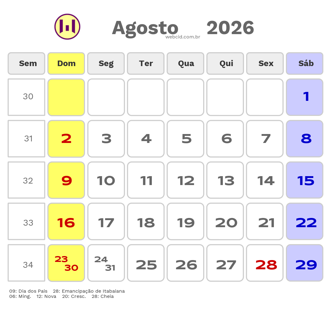 Calendário 2026 - Agosto - Itabaiana-SE com feriados e fases da lua