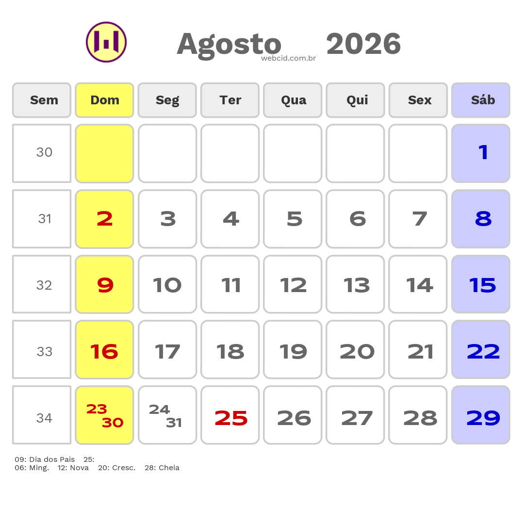 Calendário 2026 - Agosto - Miracema do Tocantins-TO com feriados e fases da lua