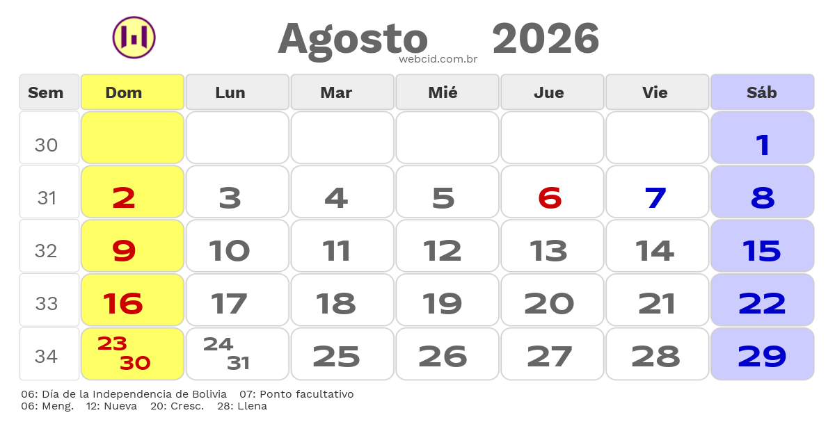 Calendario 2026 - Agosto - Bolívia com feriados e fases da lua