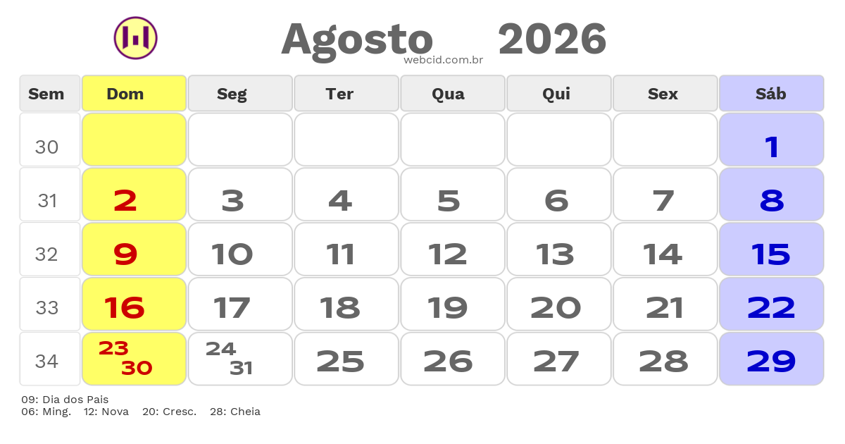 Calendário 2026 - Agosto - Brasil com feriados e fases da lua