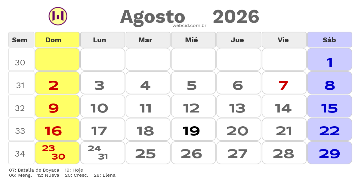 Calendario 2026 - Agosto - Colômbia com feriados e fases da lua
