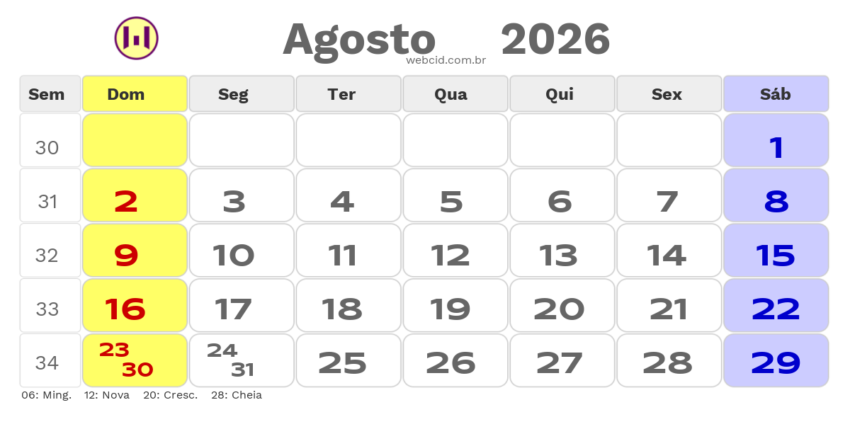 Calendário 2026 - Agosto - Copa do Mundo FIFA com feriados e fases da lua
