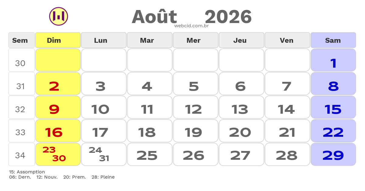 Calendrier 2026 - Août - La France com feriados e fases da lua