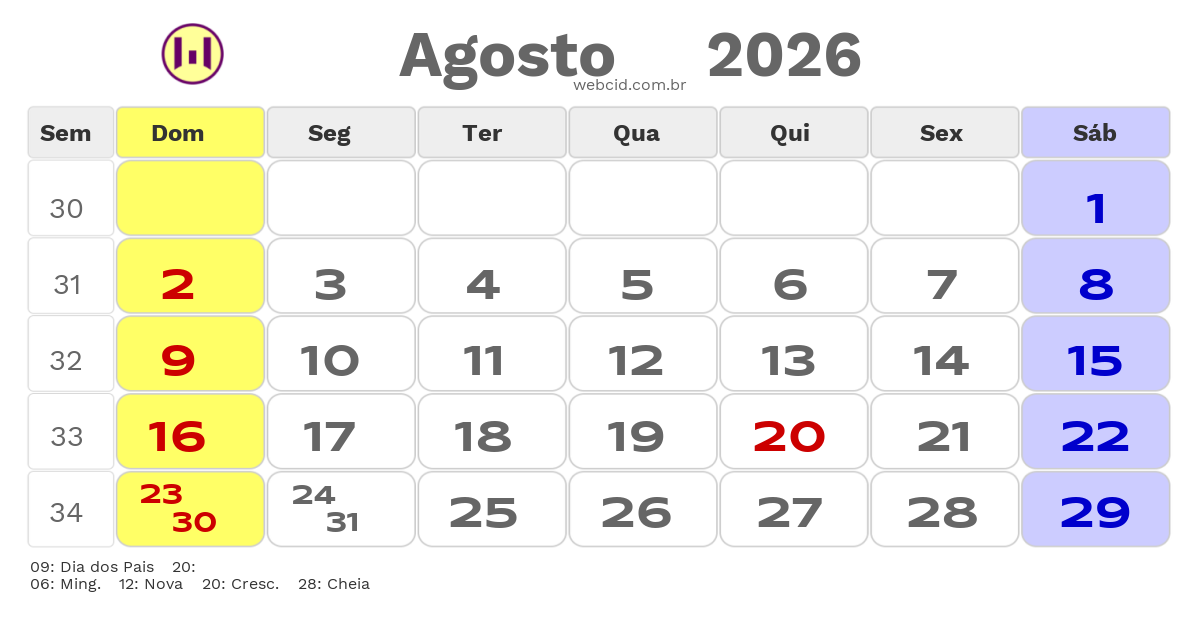 Calendário 2026 - Agosto - Catalao-GO com feriados e fases da lua