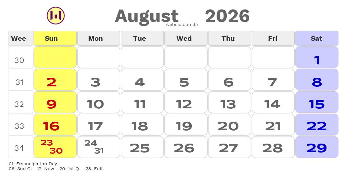 Calendar 2026 - August - Guyana com feriados e fases da lua