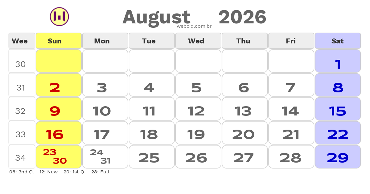 Calendar 2026 - August - Inglaterra com feriados e fases da lua