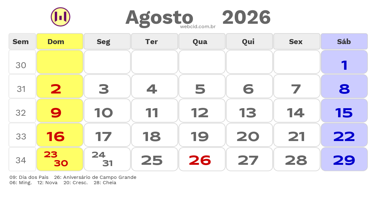 Calendário 2026 - Agosto - Campo Grande-MS com feriados e fases da lua