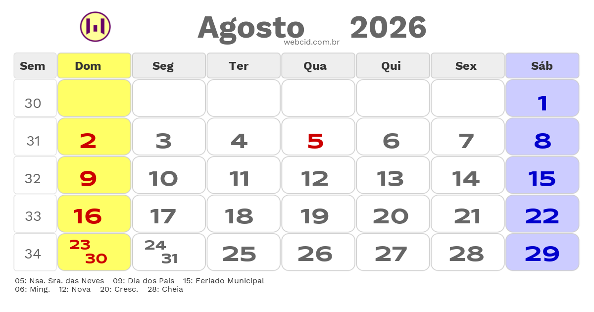 Calendário 2026 - Agosto - Ribeirão das Neves-MG com feriados e fases da lua