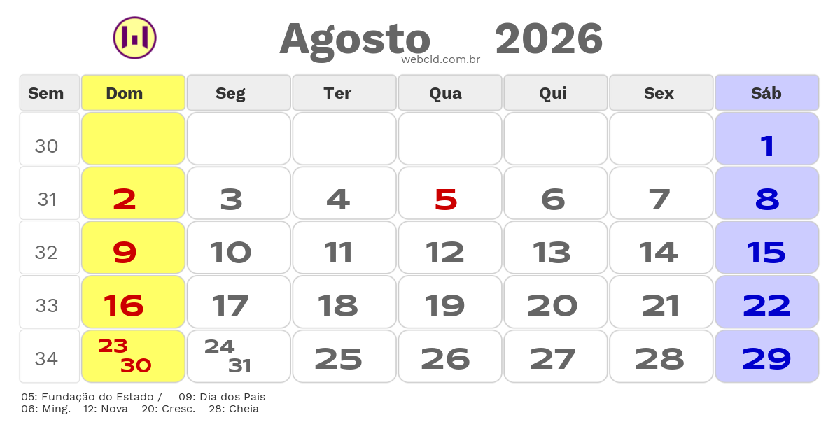 Calendário 2026 - Agosto - Coremas-PB com feriados e fases da lua