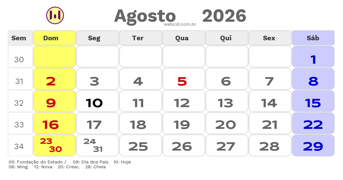 Calendário 2026 - Agosto - Jacarau-PB com feriados e fases da lua