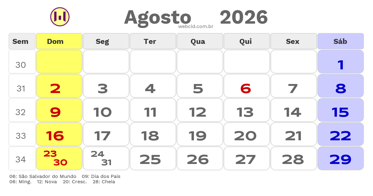 Calendário 2026 - Agosto - Olinda-PE com feriados e fases da lua