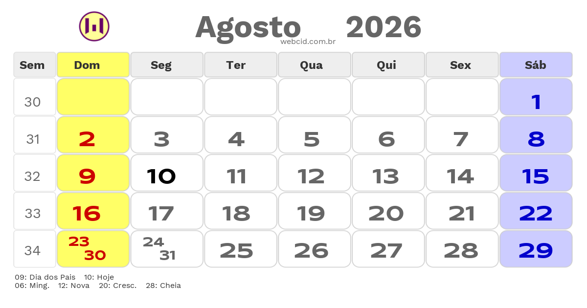 Calendário 2026 - Agosto - Natal-RN com feriados e fases da lua