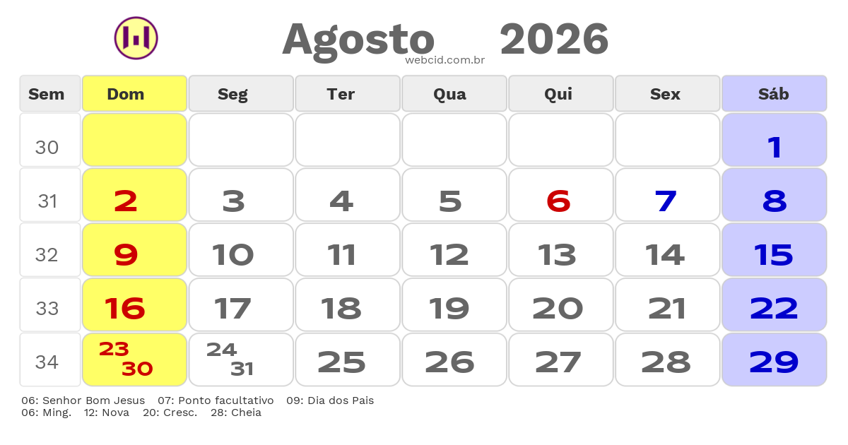 Calendário 2026 - Agosto - Dois Irmãos das Missões-RS com feriados e fases da lua