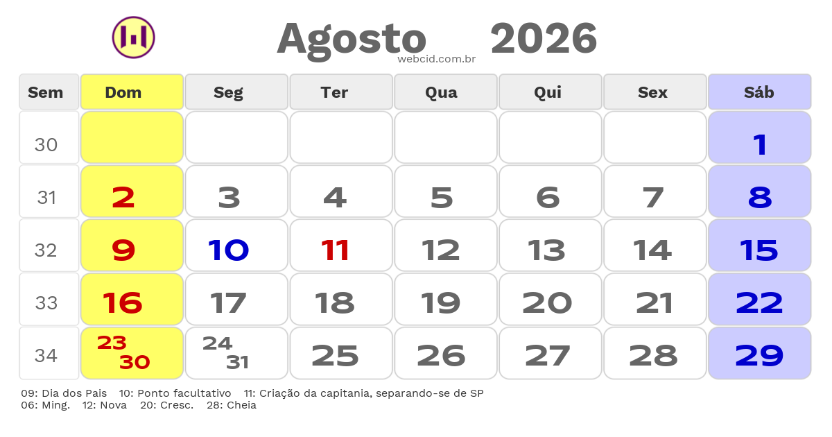 Calendário 2026 - Agosto - Balneário Camboriú-SC com feriados e fases da lua