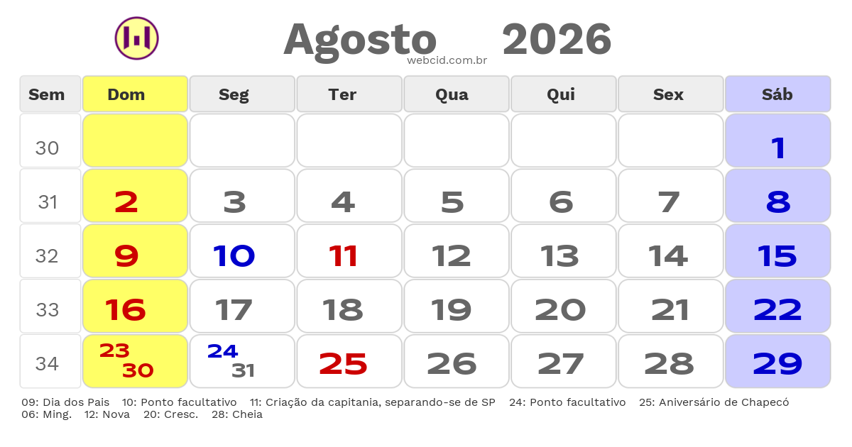 Calendário 2026 - Agosto - Chapecó-SC com feriados e fases da lua