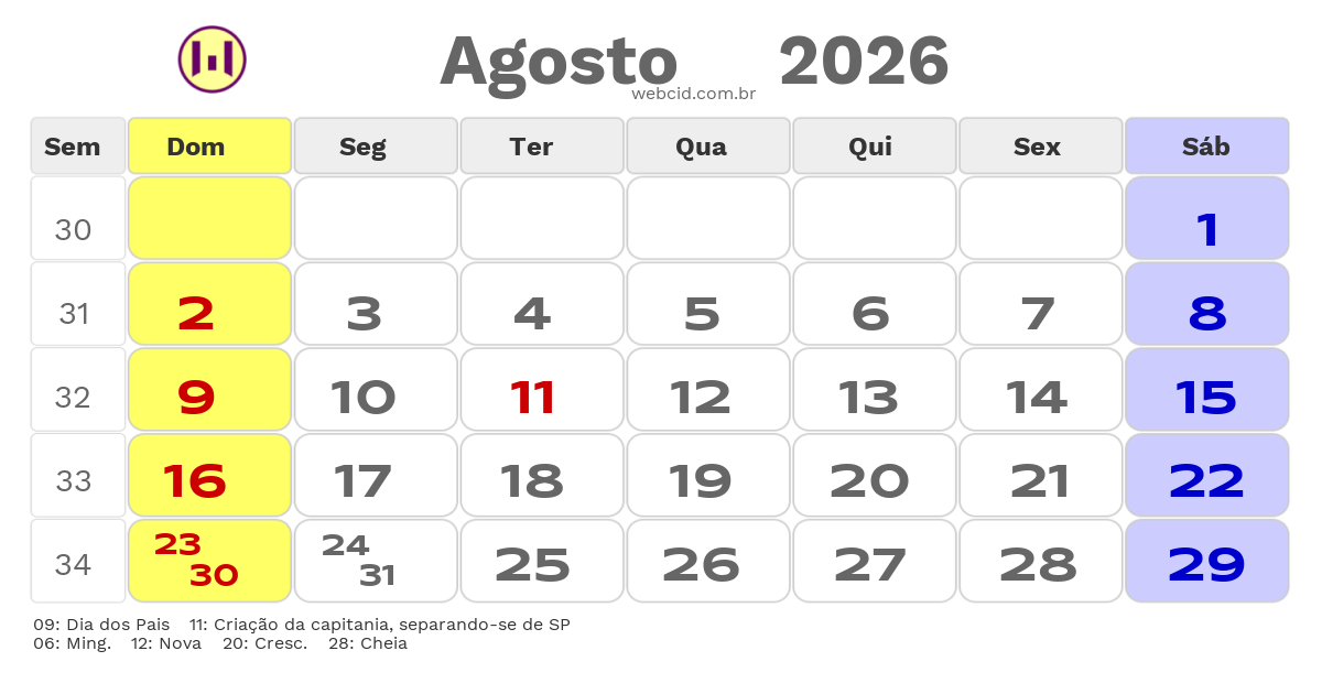 Calendário 2026 - Agosto - Cocal do Sul-SC com feriados e fases da lua