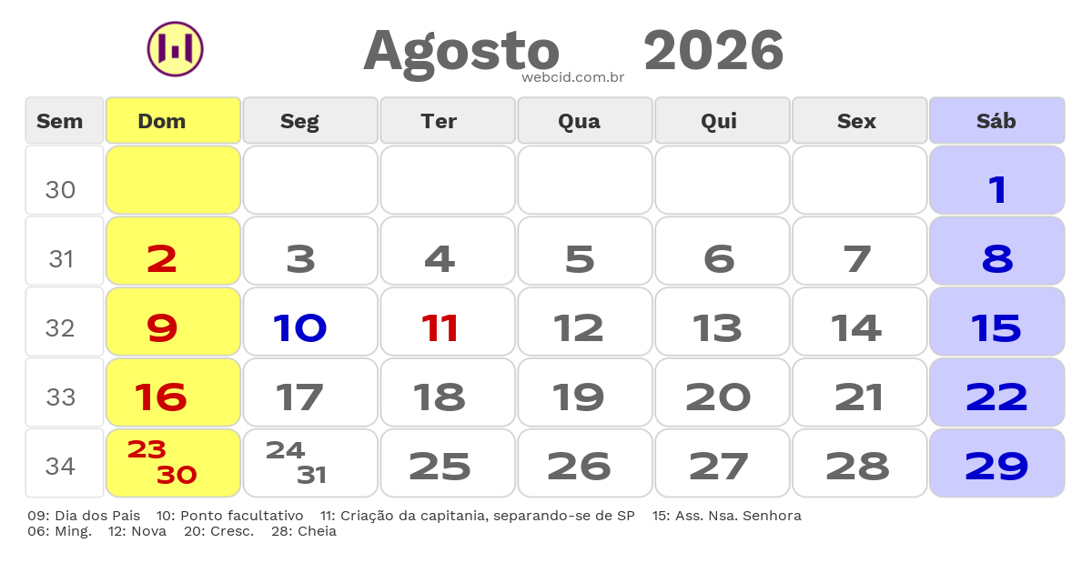 Calendário 2026 - Agosto - Descanso-SC com feriados e fases da lua