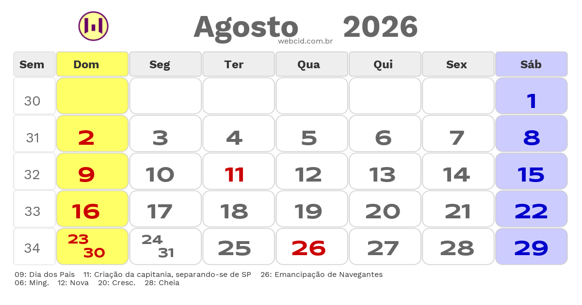 Calendário 2026 - Agosto - Navegantes-SC com feriados e fases da lua