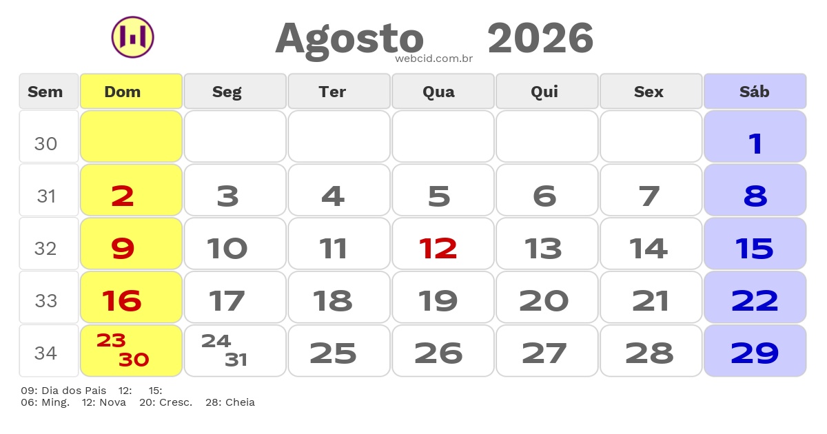 Calendário 2026 - Agosto - Cananeia-SP com feriados e fases da lua