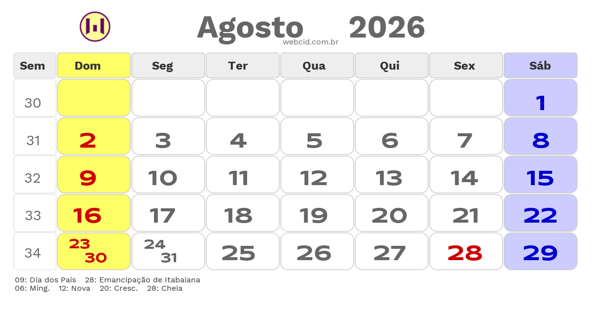 Calendário 2026 - Agosto - Itabaiana-SE com feriados e fases da lua