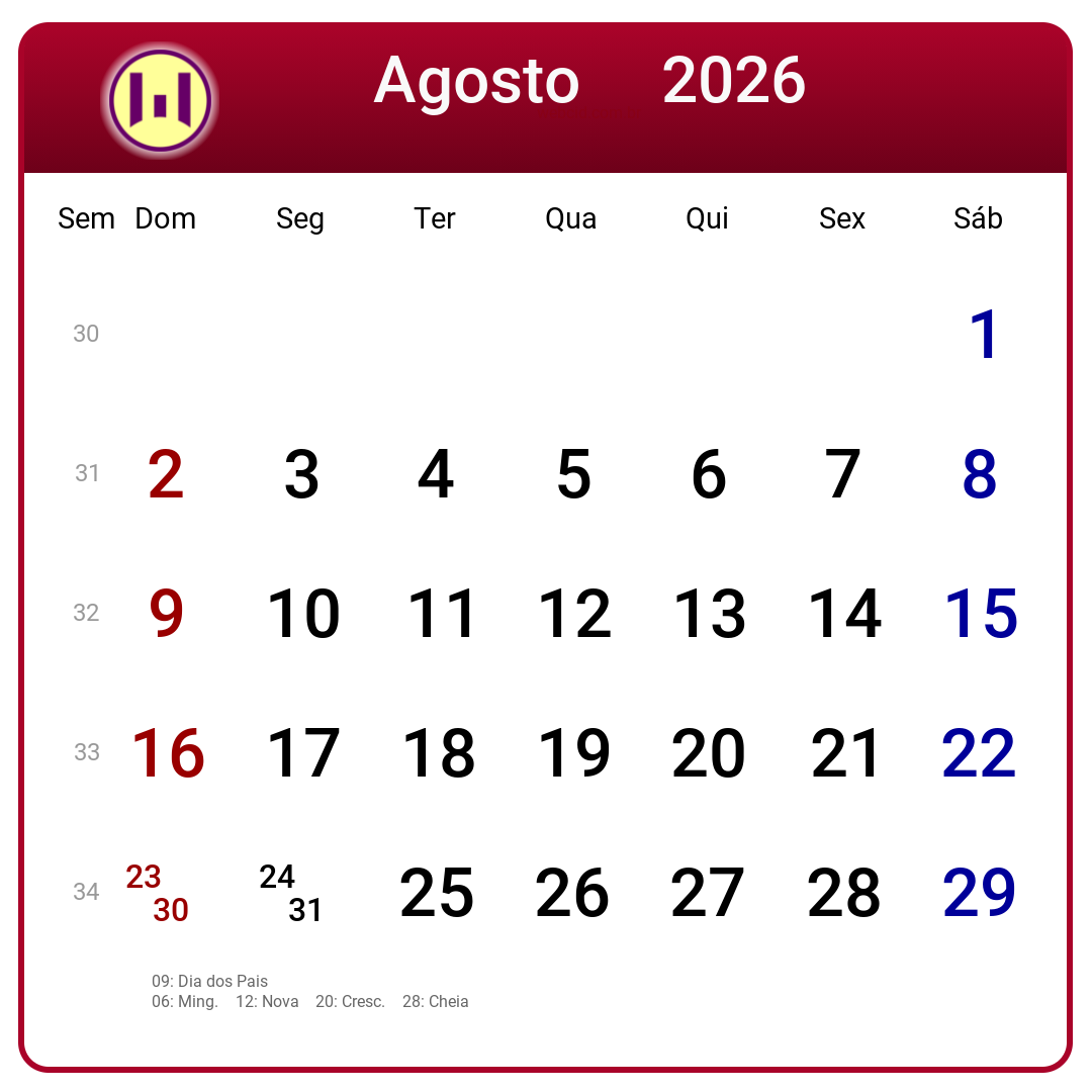 Calendário 2026 - Agosto - Brasil com feriados e fases da lua