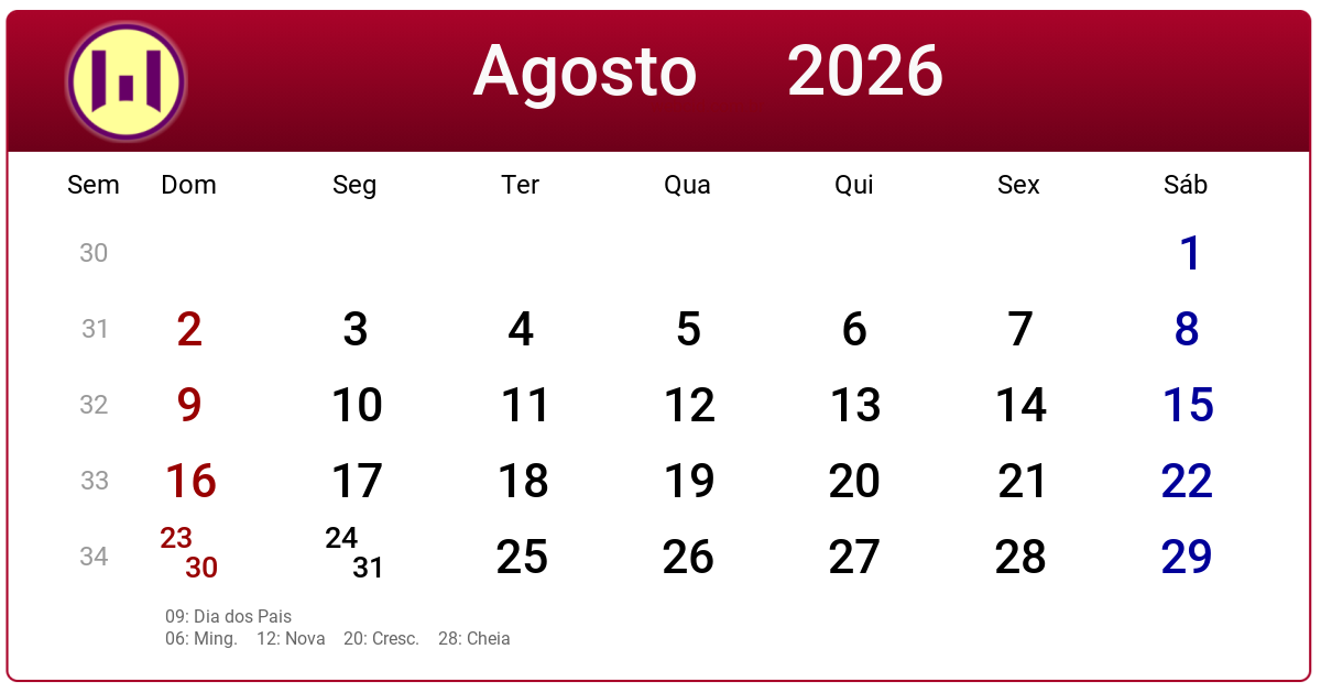 Calendário 2026 - Agosto - Brasil com feriados e fases da lua