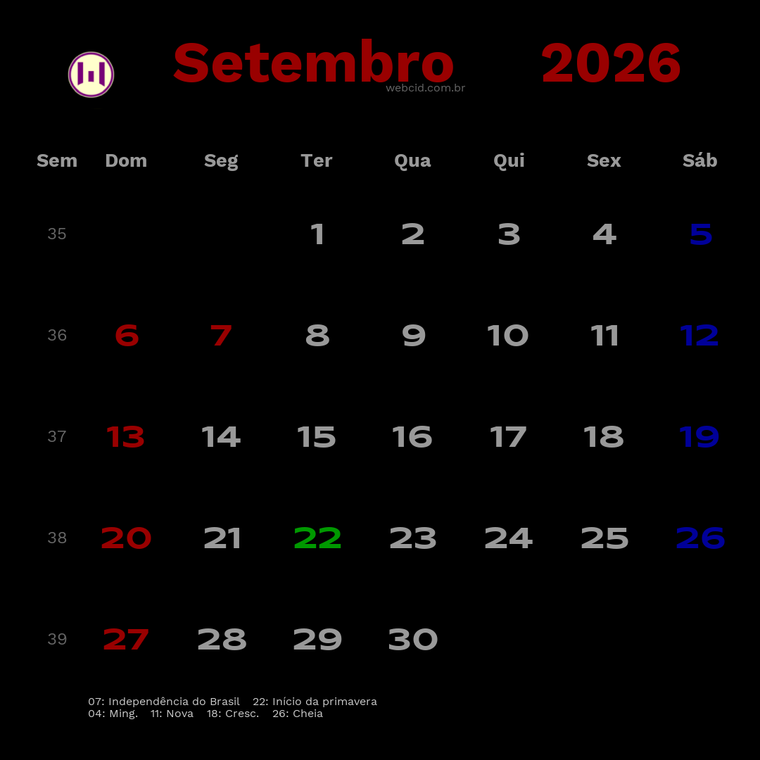 Calendário 2026 - Setembro - Brasil com feriados e fases da lua