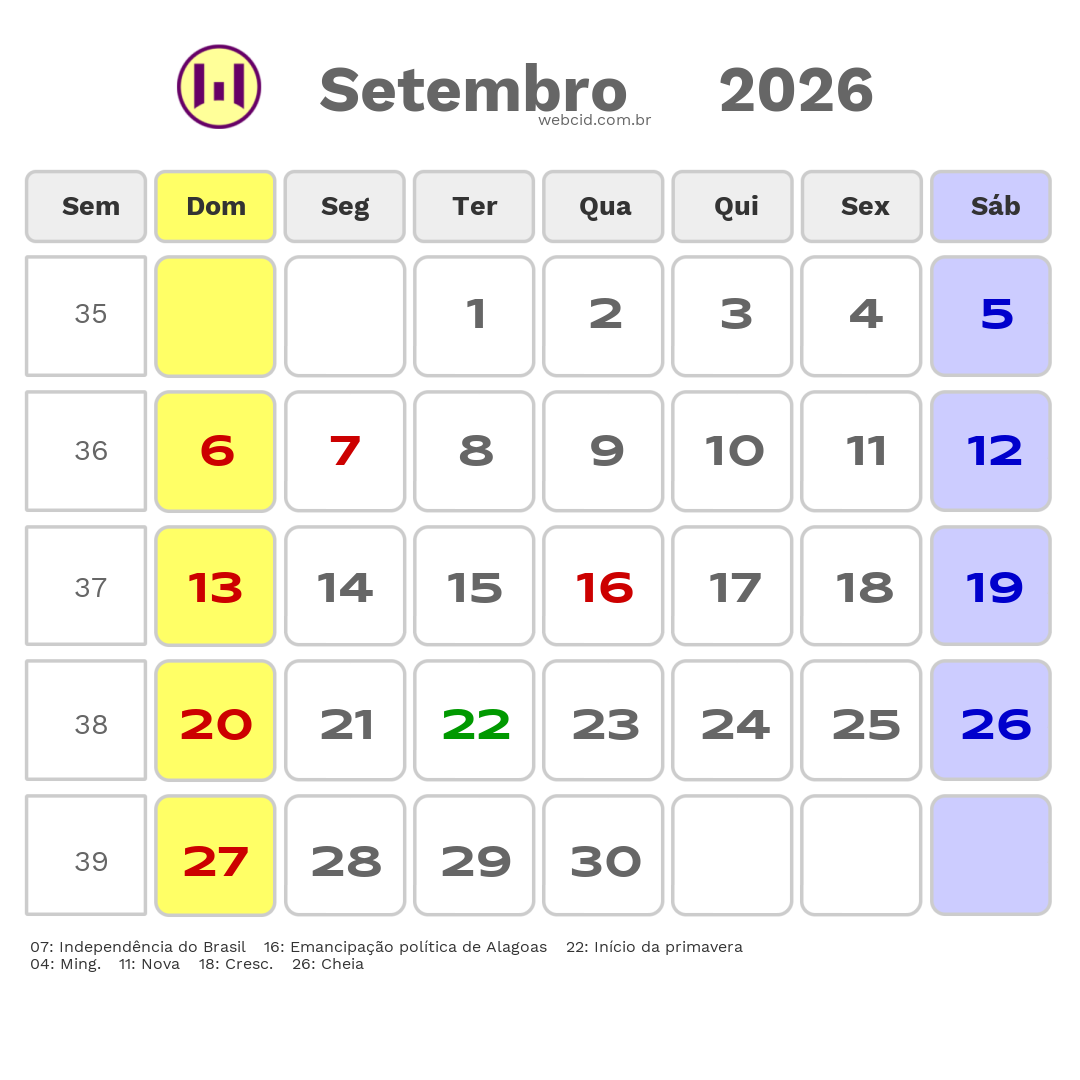 Calendário 2026 - Setembro - Alagoas com feriados e fases da lua