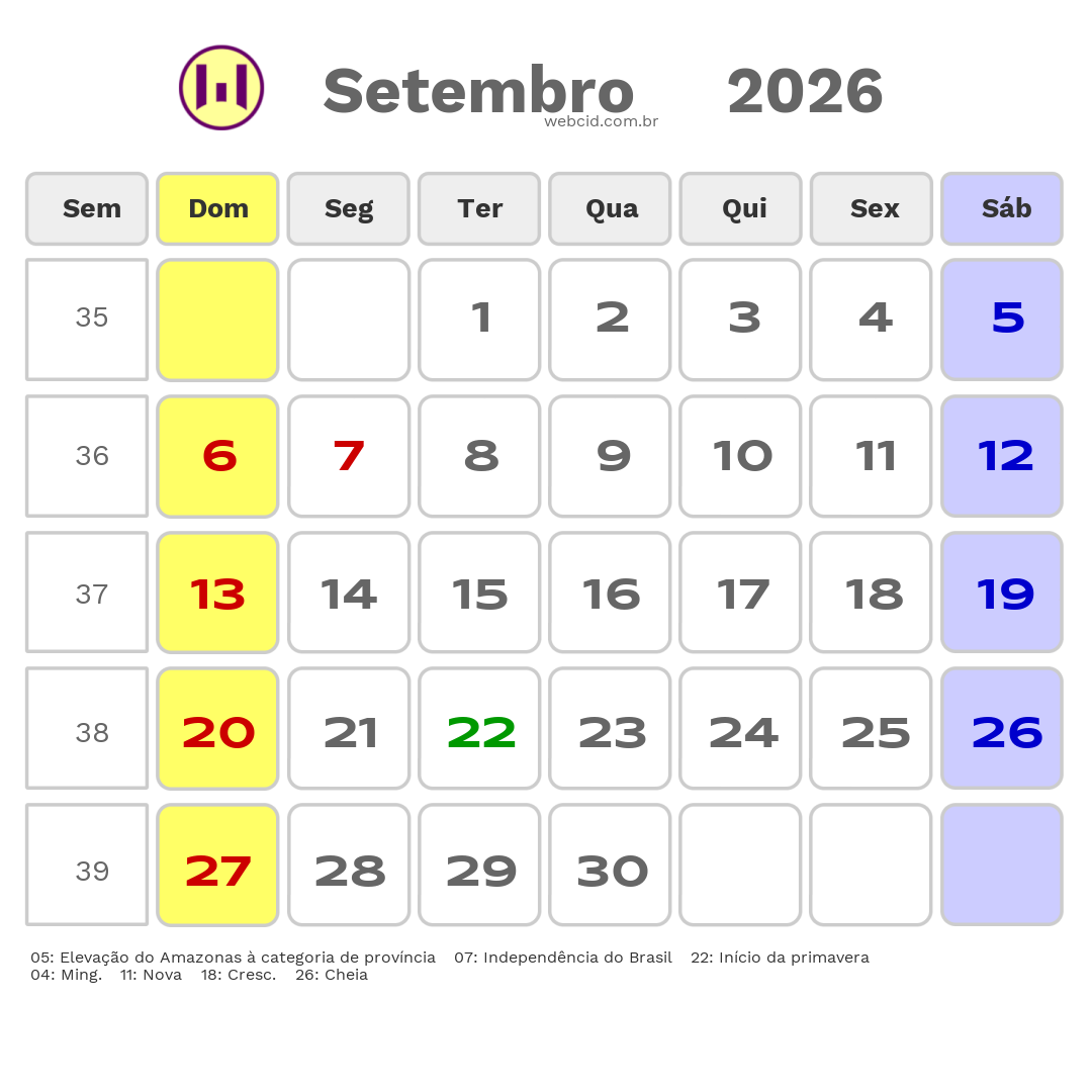 Calendário 2026 - Setembro - Maues-AM com feriados e fases da lua