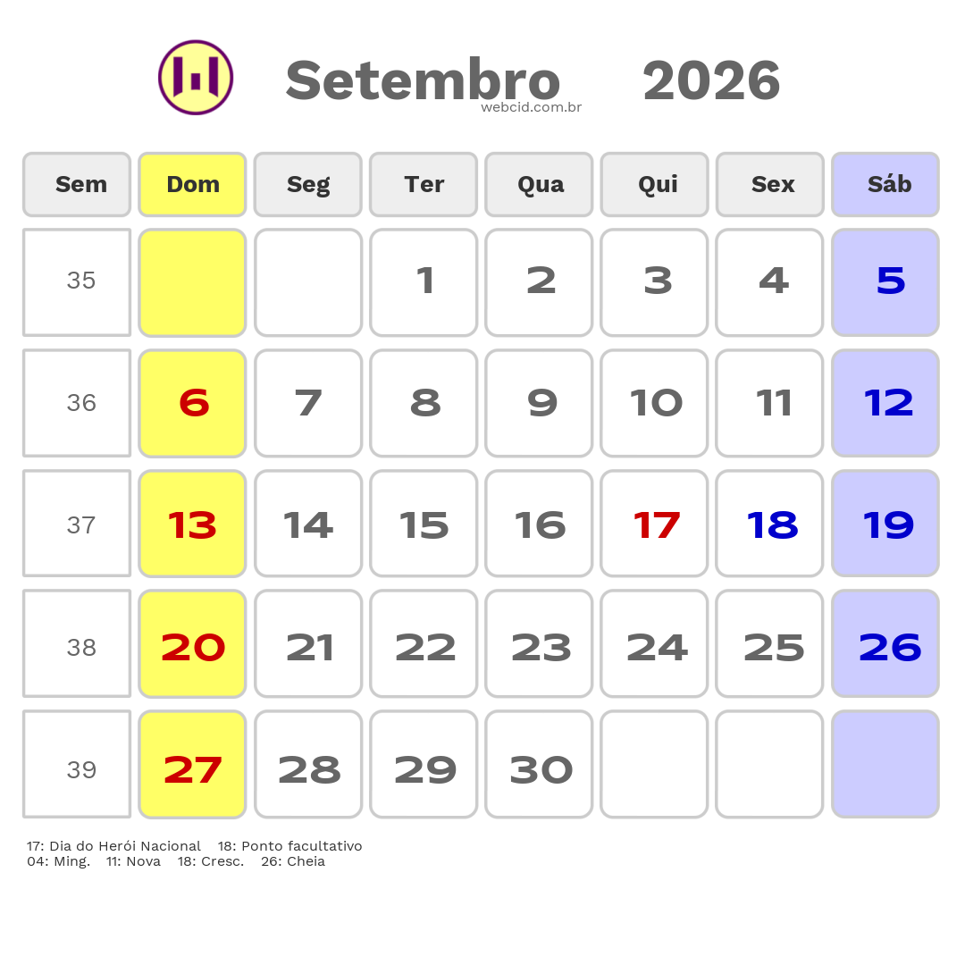 Calendário 2026 - Setembro - Angola com feriados e fases da lua