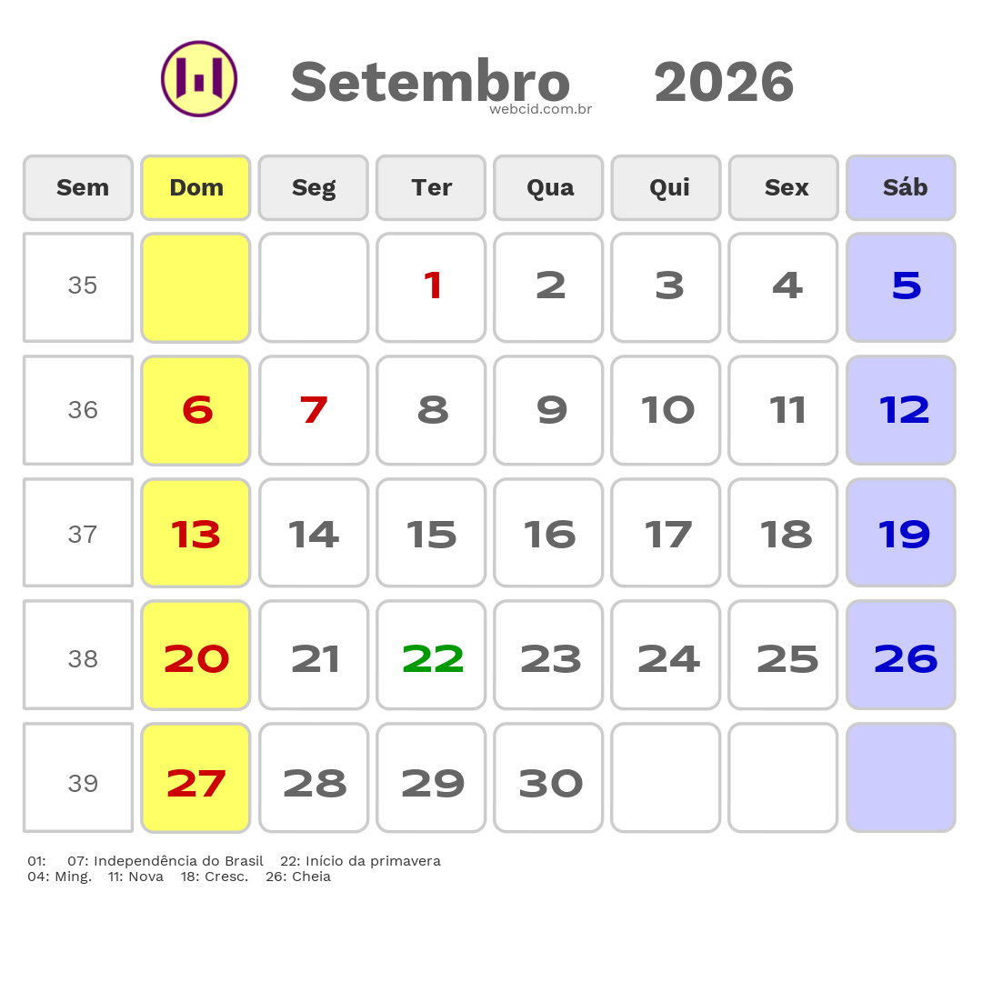 Calendário 2026 - Setembro - Correntina-BA com feriados e fases da lua