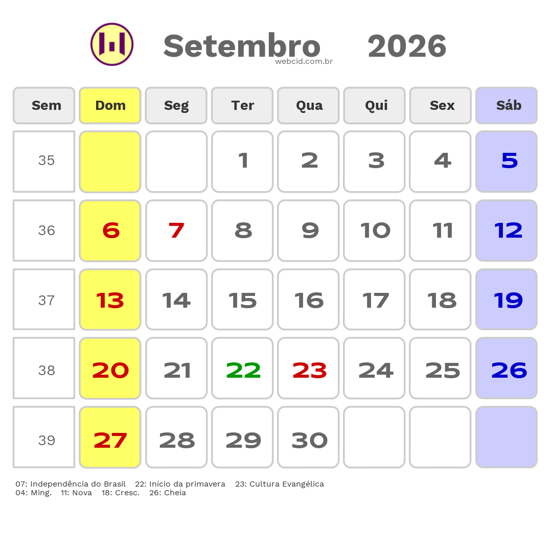 Calendário 2026 - Setembro - Serrinha-BA com feriados e fases da lua
