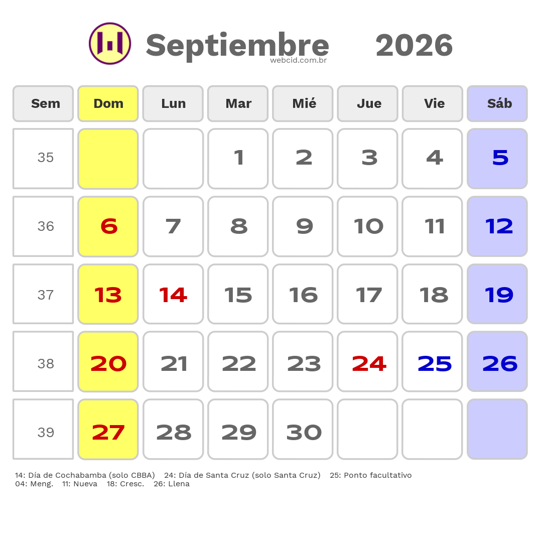 Calendario 2026 - Septiembre - Bolívia com feriados e fases da lua